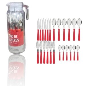 JG DE TALHERES INOX VERMELHO 25PÇS C/JARRA DE VIDRO (3PÇS)-LET ÚTIL