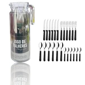 JG DE TALHERES INOX PRETO 25PÇS C/JARRA DE VIDRO (3PÇS)-LET ÚTIL