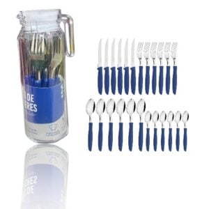 JG DE TALHERES INOX AZUL 25PÇS C/JARRA DE VIDRO (3PÇS)-LET ÚTIL