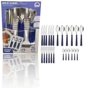 JG DE TALHERES AZUL MARINHO 25PÇS RIO C/PORTA TALHER BRANCO (3PÇS)-LET ÚTIL
