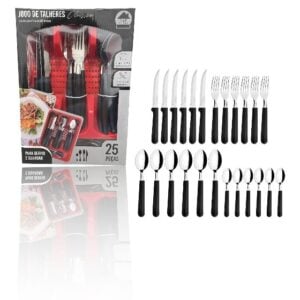 JG DE TALHERES PRETO 25PÇS RIO C/PORTA TALHER VERMELHO (3PÇS)-LET ÚTIL