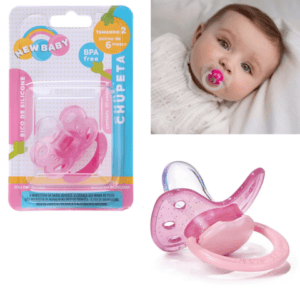CHUPETA GLITER ROSA SILICONE BICO ASSIMÉTRICO BLISTER (24PÇS)-NEW BABY