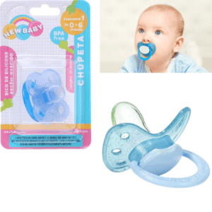 CHUPETA GLITER AZUL SILICONE BICO ASSIMÉTRICO BLISTER (24PÇS)-NEW BABY
