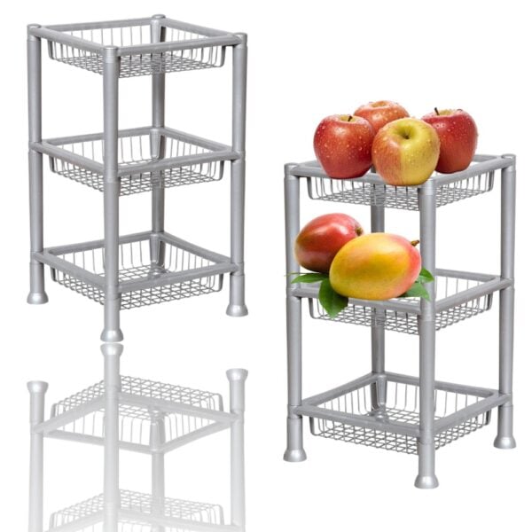 FRUTEIRA 3 ANDARES QUADRADA PRATA (4PÇS)-PLASNEW