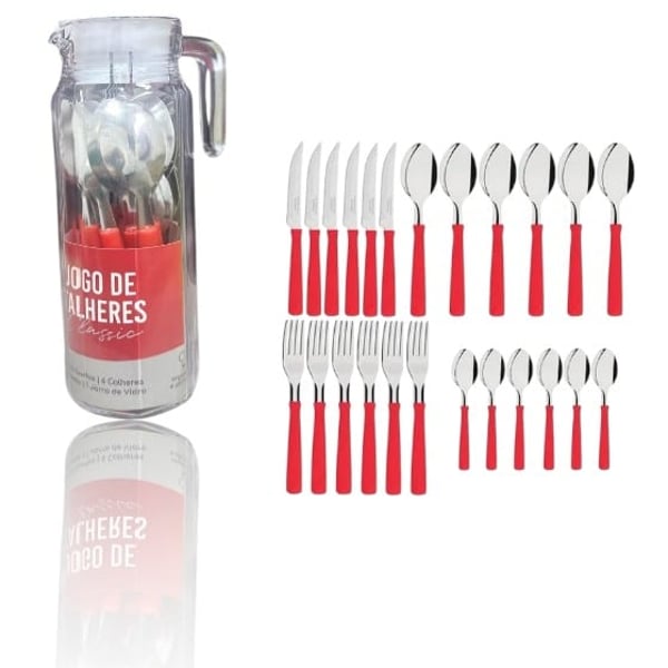 JG DE TALHERES INOX VERMELHO 25PÇS C/JARRA DE VIDRO (3PÇS)-LET ÚTIL