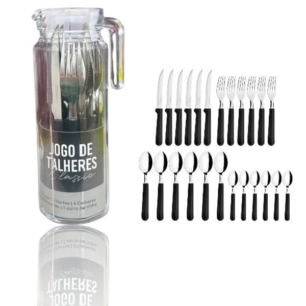 JG DE TALHERES INOX PRETO 25PÇS C/JARRA DE VIDRO (3PÇS)-LET ÚTIL