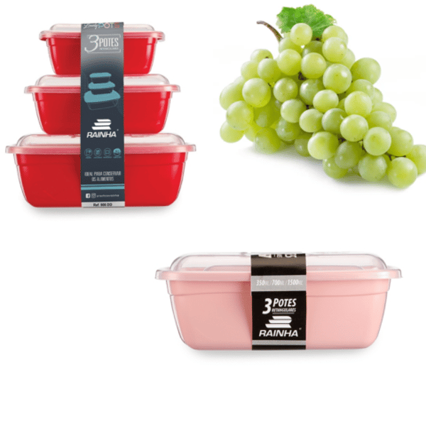 CJ.POTES P/M/G RETANG.COLORIDA 350ML/700ML/1500ML (12PÇS)-PLÁSTICOS RAINHA