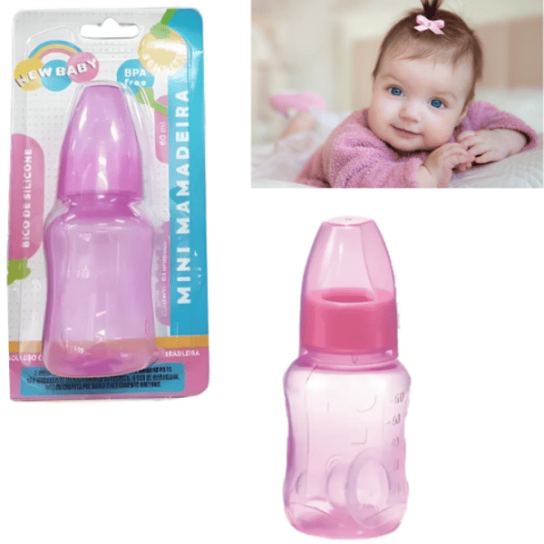MINI MAMADEIRA RELEVO SILICONE 60ML ROSA (12PÇS)-NEW BABY