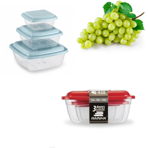 CJ.POTES P/M/G QUAD.TRANSPARENTE 350ML/700ML/1500ML (12PÇS)-PLÁSTICOS RAINHA