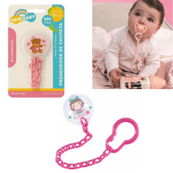PRENDEDOR DE CHUPETAS DECORADO ROSA (24PÇS)-NEW BABY