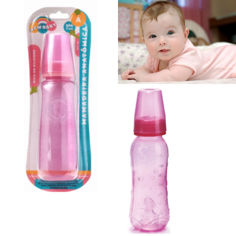 MAMADEIRA ANATÔMICA 270ML ROSA BICO ASSIMÉTRICO SILICONE (12PÇS)-NEW BABY